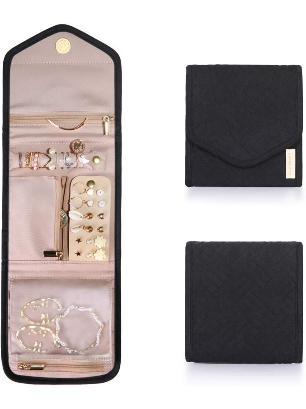 Foldable Travel Jewelry Organizer Case, Mini Black Roll for Accessories & Travel